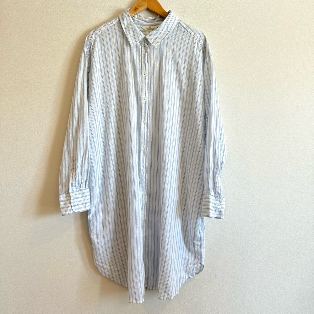 H&M Linen Blend Striped Shirt Dress Long Sleeve Beachy Coastal XL